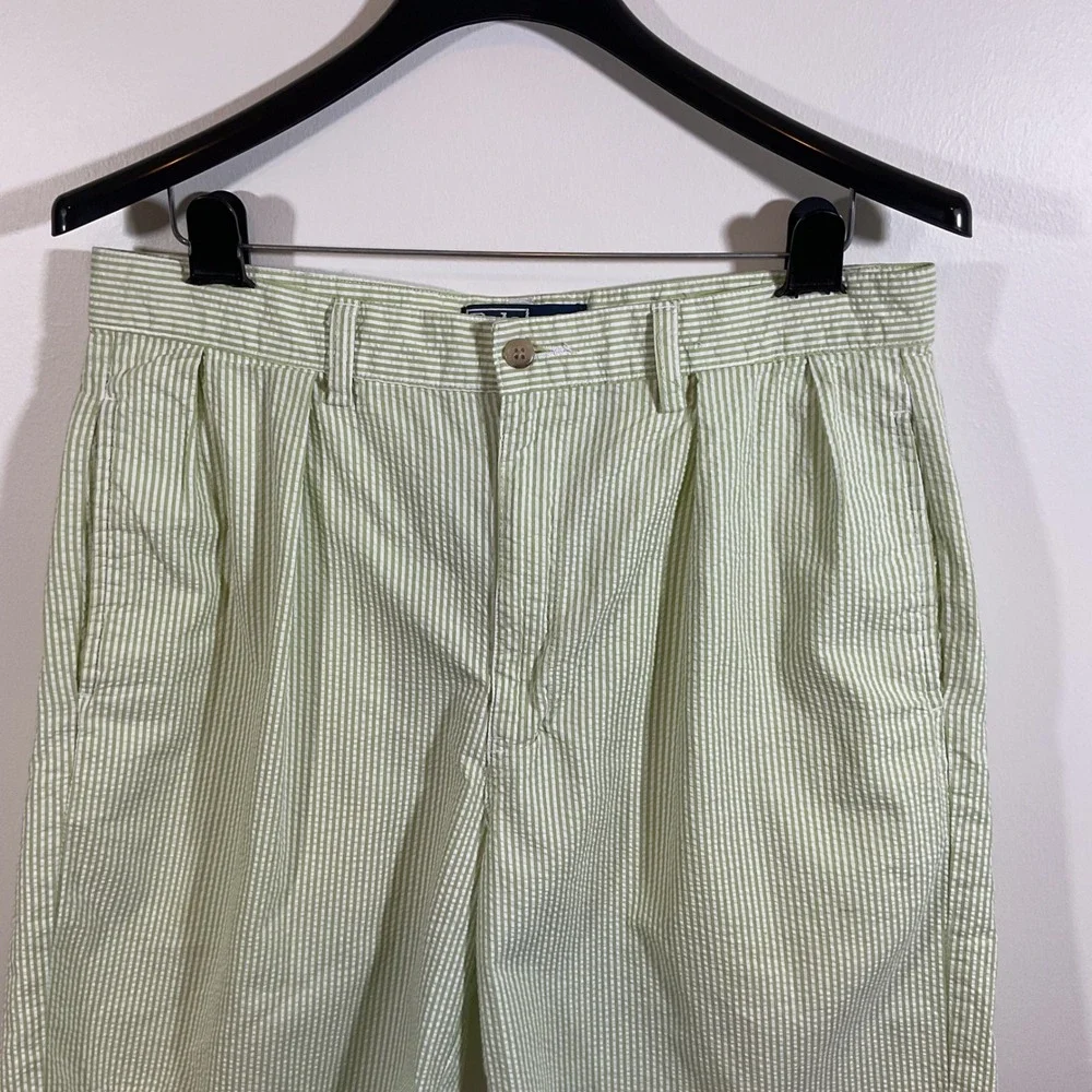 Polo Ralph Lauren Tyler Short Mens 33 Green White Striped Seersucker Pleated VTG